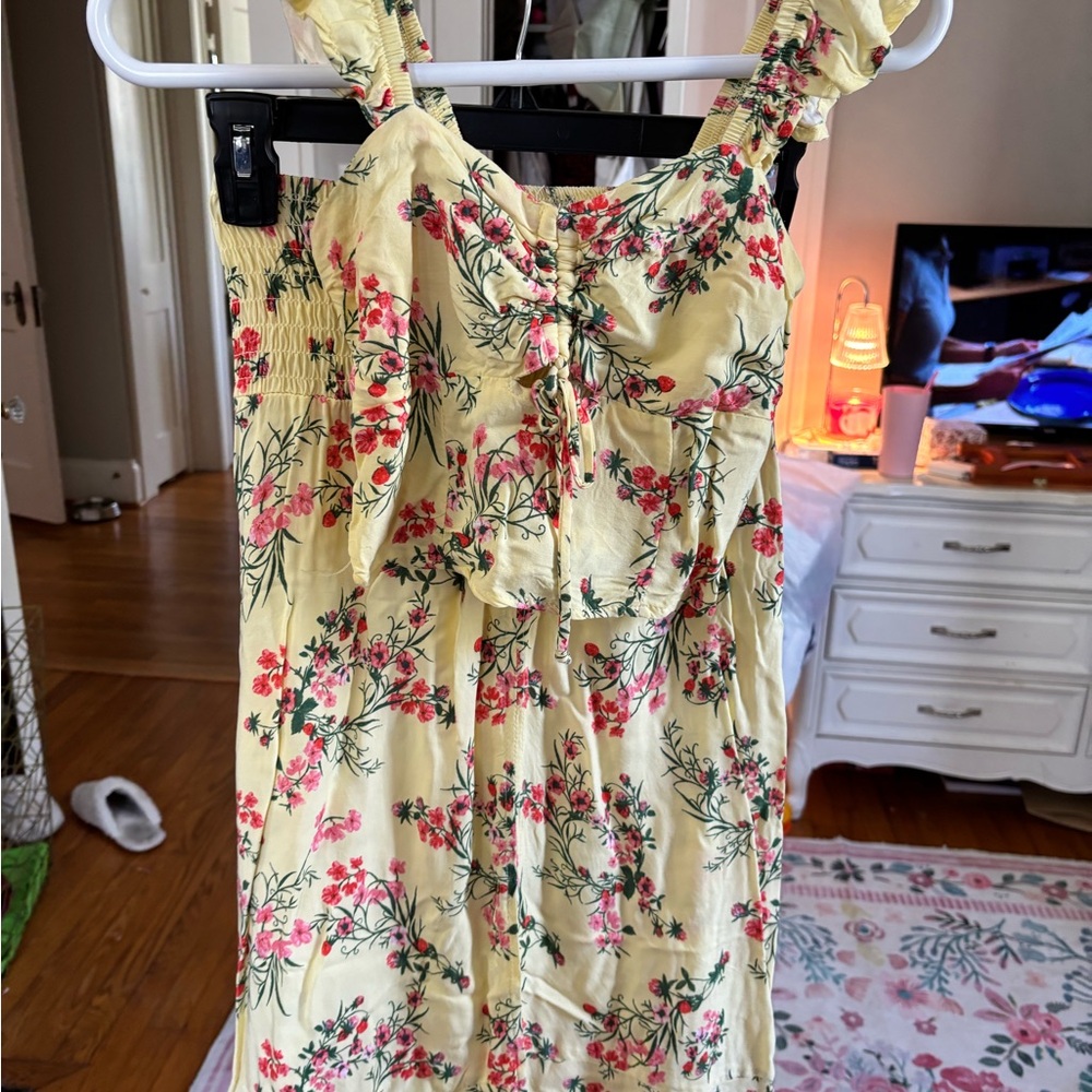 Floral Yellow Two Piece Set with Pink Blossom Print